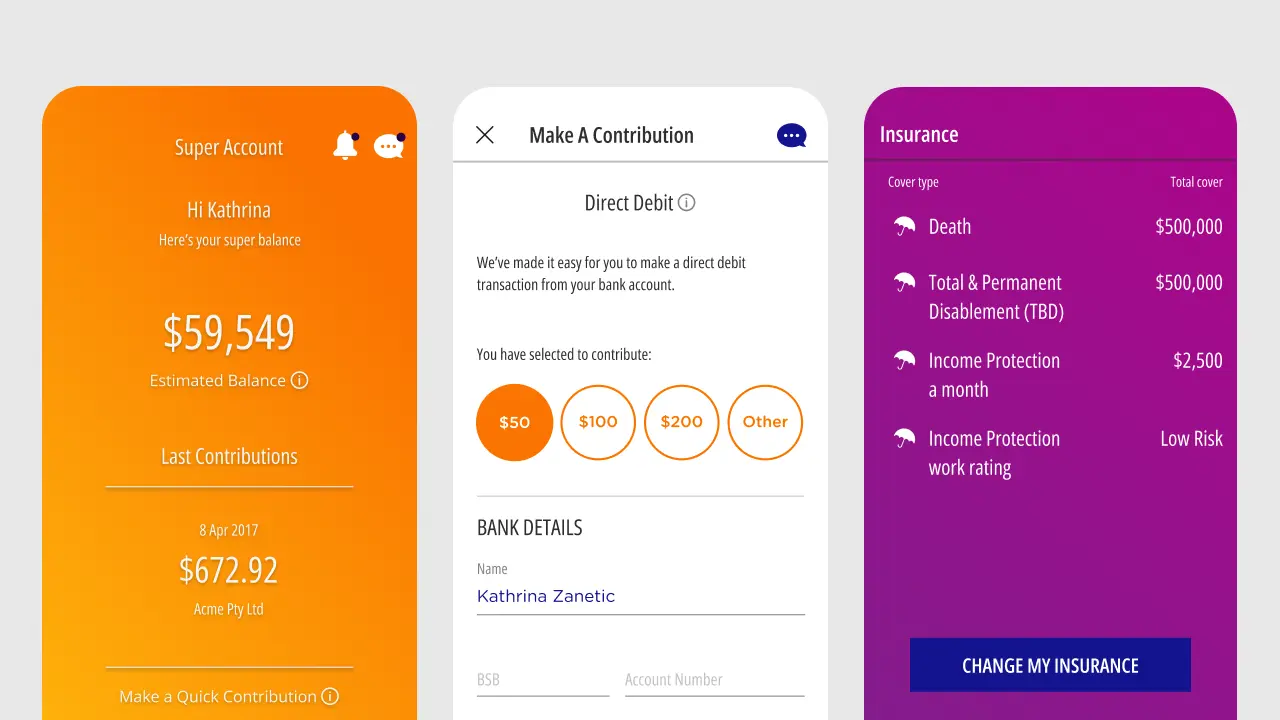 Three mobile app screens featuring the dashboard, BPAY and insurance features.